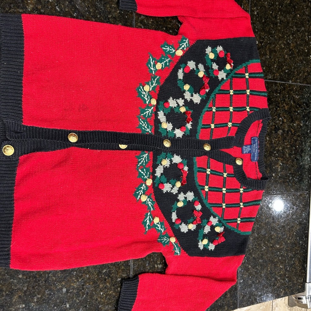 Vintage Norton McNaughton Festive Red and Black Cardigan with Wreath Design